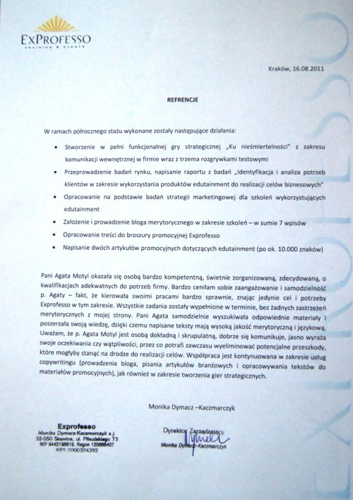 referencje od firmy Exprofesso referencje od firmy Exprofesso dla copywriterka.eu